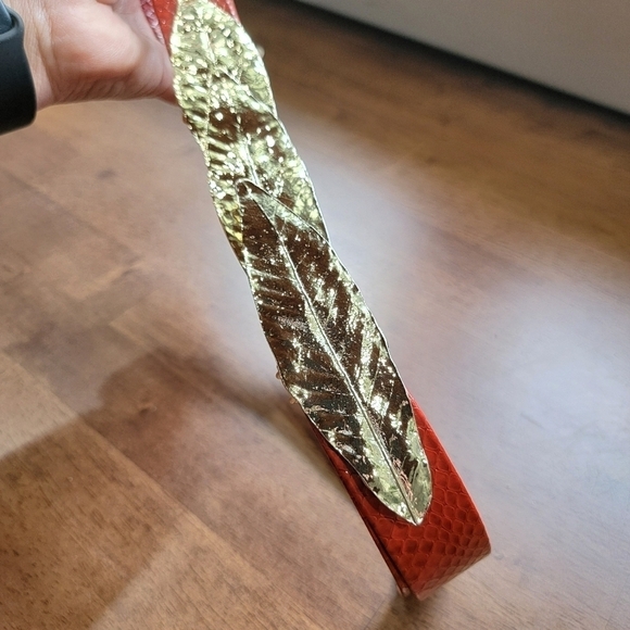Vintage Red Faux Snakeskin Belt with Gold Tone Metal Leaves - Picture 7 of 16